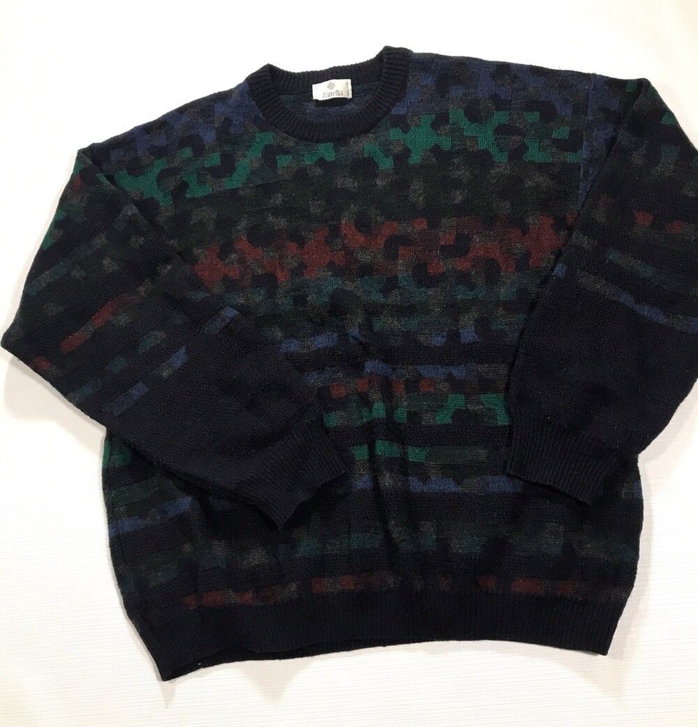VTG Zanella Wool Blend Sweater 90s Mens Small Made ITALY Geometric Knit Pullover
